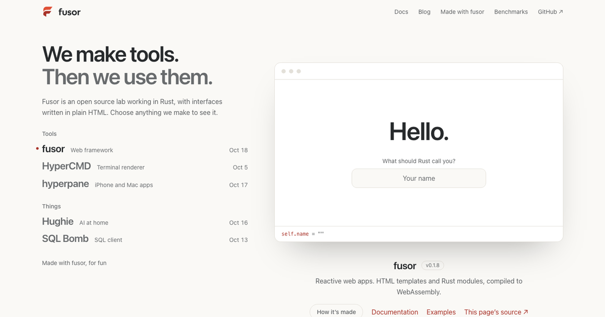 The fusor.build homepage: the lab's index of tools and things beside a live fusor component